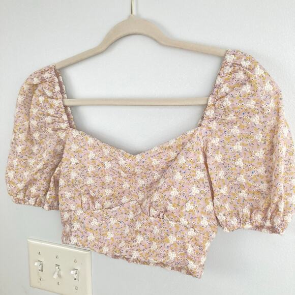 Storia Tops - Storia Womens S Pink Floral Embroidered Puff Sleeve Crop Top Boho Cottage Fairy